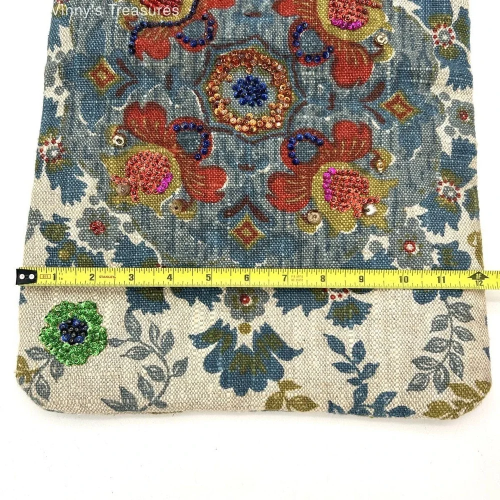 Bohemian Blue Beige Floral Beaded Sequin Embellished Canvas Knot Handbag